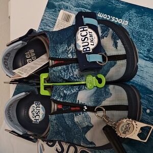 Busch Light Blue and Red Crocs